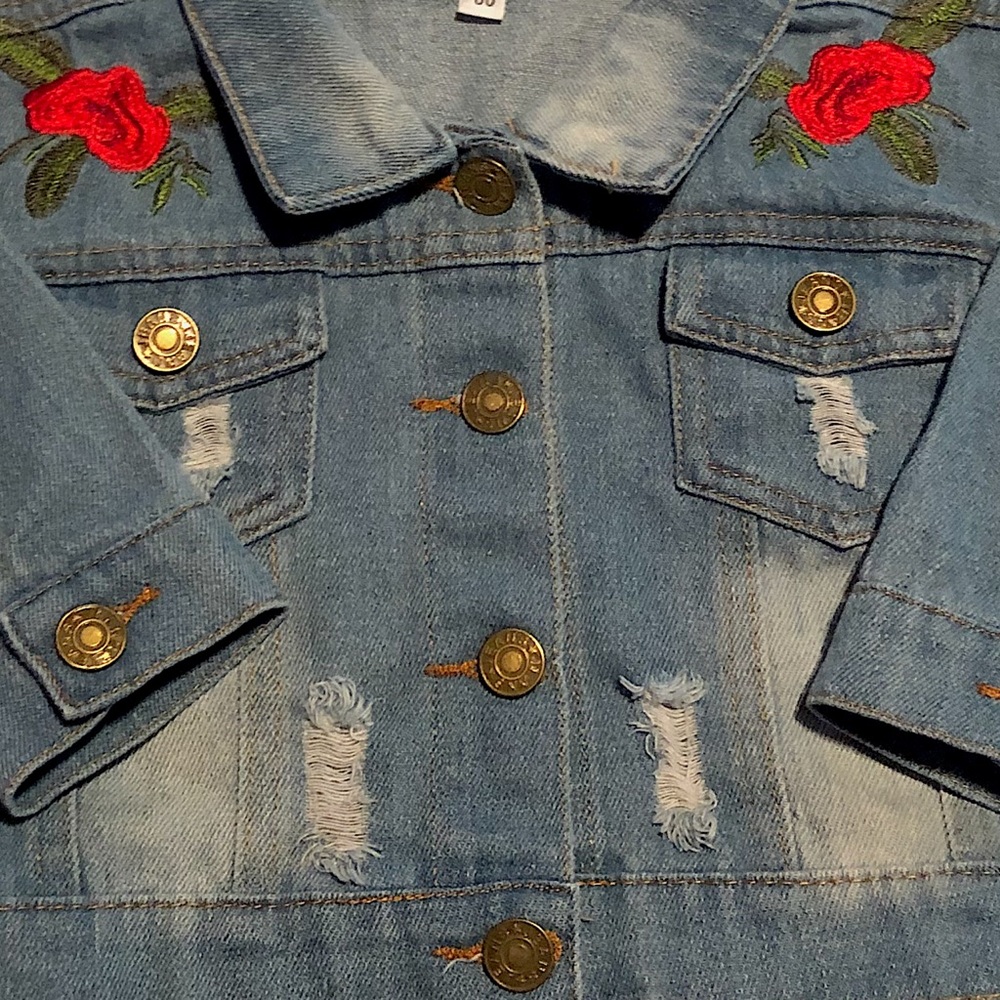 Distressed Jean Jacket w/ Embroidered Roses - Picture 4 of 7